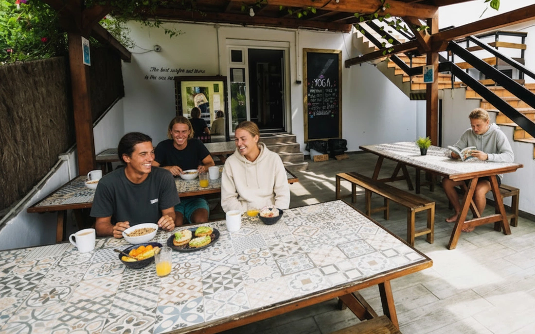 Der gemütliche Essensbereich Surfcamp Loredo Spanien Essensbereich