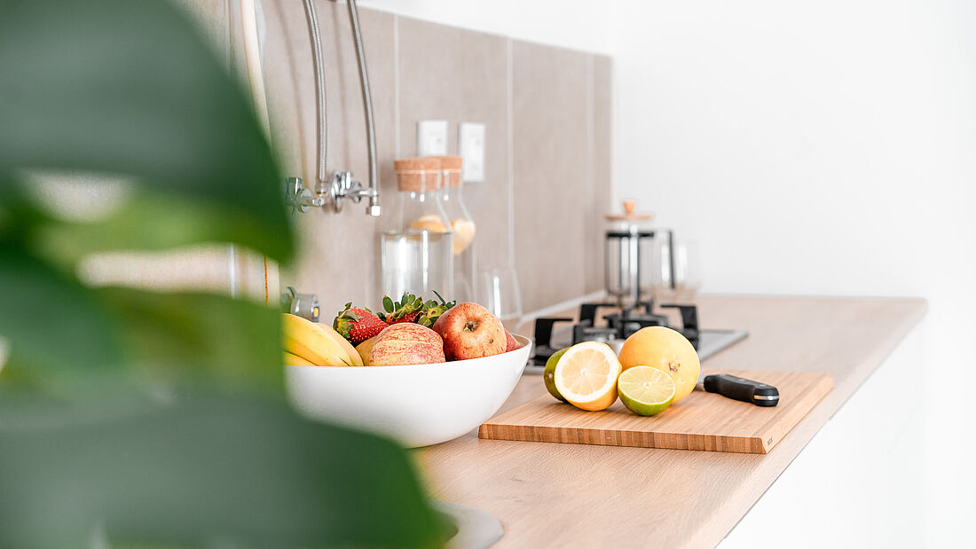 Own kitchen with large worktop pure surf camp peniche portugal apartment