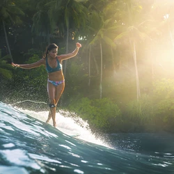 Surferin auf Longboard beim Surfen